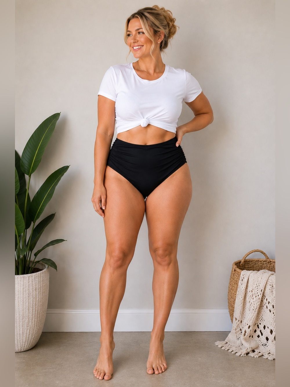 NWT Boutique Swim High Waist Ruched Side Bikini Swim Bottom in Black Size 2X